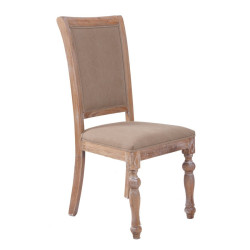 chaise naturel chic en bois patiné brut et revêtement en tissus taupe Vical Home
