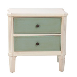 table de chevet style empire en bois patine blanche et 2 tiroirs coloris vert Vical Home