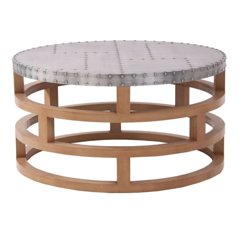 table basse industriel structure en bois originale et plateau en métal clouté Vical Home