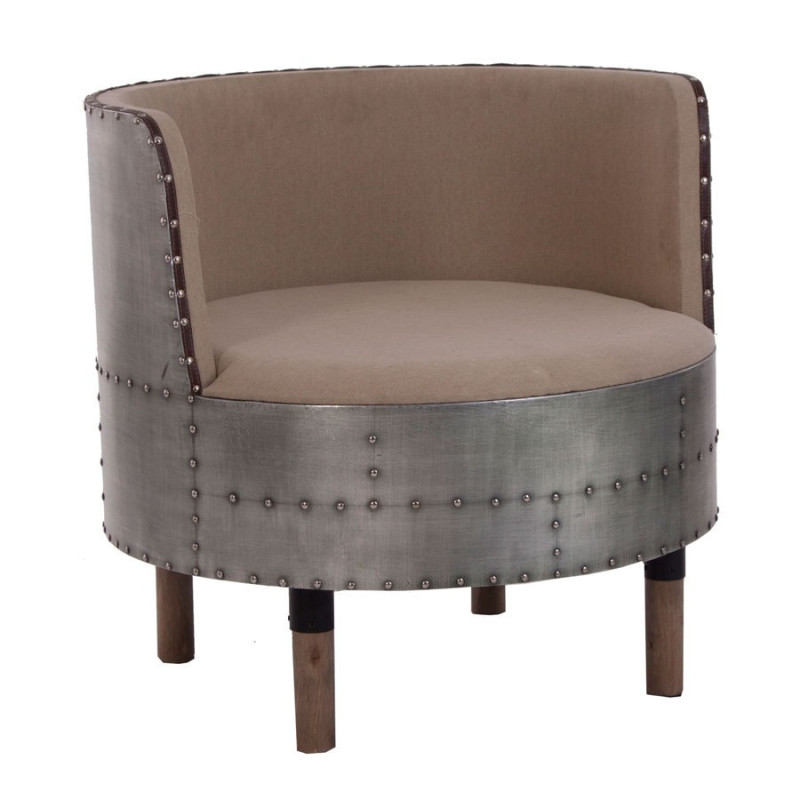 fauteuil rond original industriel en métal vieilli et assise en tissus taupe Vical Home