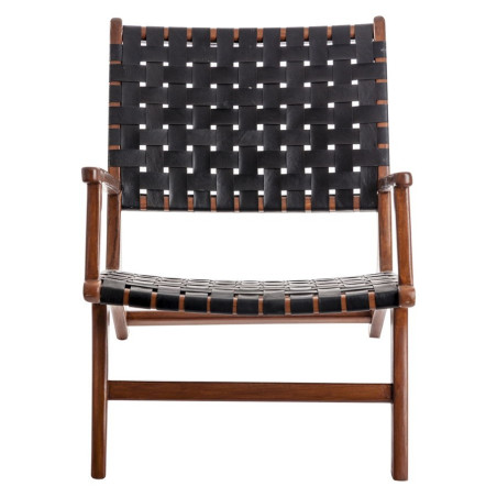 chaise en teck avec assise et dossier en lamelles de cuir noir Vical Home