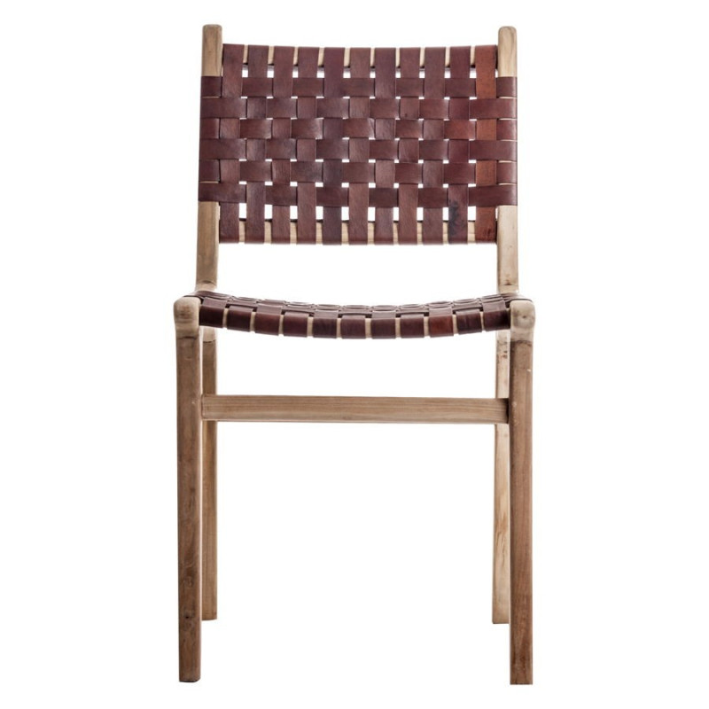 chaise en teck avec assise et dossier en lamelles de cuir marron Vical Home