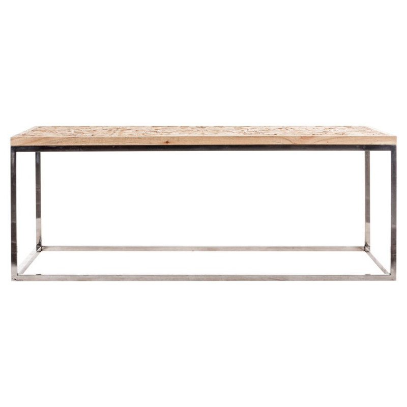 table basse de salon rectangulaire avec un plateau en bois naturel sculpté et pied chrome Vical Home