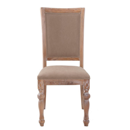 chaise naturel chic en bois patiné brut et revêtement en tissus taupe Vical Home