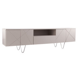 meuble tv moderne en bois laqué blanc 4 portes 1 tiroir et 1 niche sur pieds chrome Vical Home