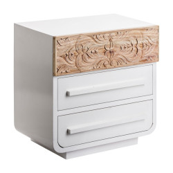 table de chevet 2 tiroirs en bois blanc et décoration sculptée en bois naturel Vical Home