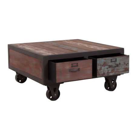 table basse  carré atelier sur roulettes en bois vieilli multicolore 4 tiroirs Vical Home