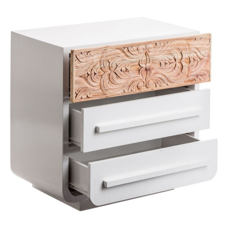 table de chevet 2 tiroirs en bois blanc et décoration sculptée en bois naturel Vical Home