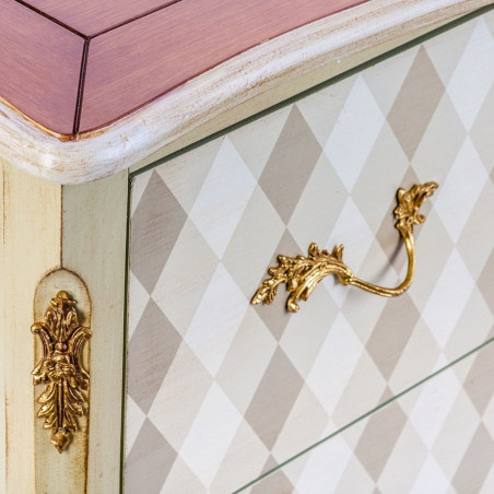 commode 2 tiroirs avec damier et poignées or et plateau coloré Vical Home