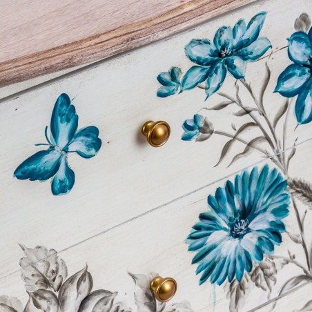 table 2 tiroirs d'appoint décorée de fleurs bleues et grises Vical Home
