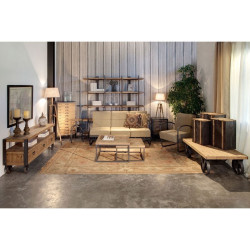 canapé  3 places industriel structure en métal marron et fauteuil en tissus kaki Vical Home