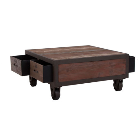 table basse  carré atelier sur roulettes en bois vieilli multicolore 4 tiroirs Vical Home