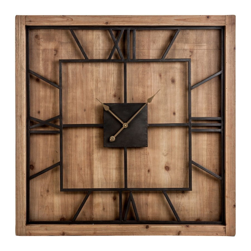 Horloge carré en bois brut naturel et chiffre romain métal noir Vical Home