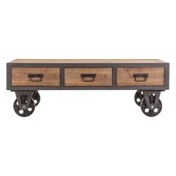 Table basse industriel sur roulettes en métal gris et en bois brut Vical Home