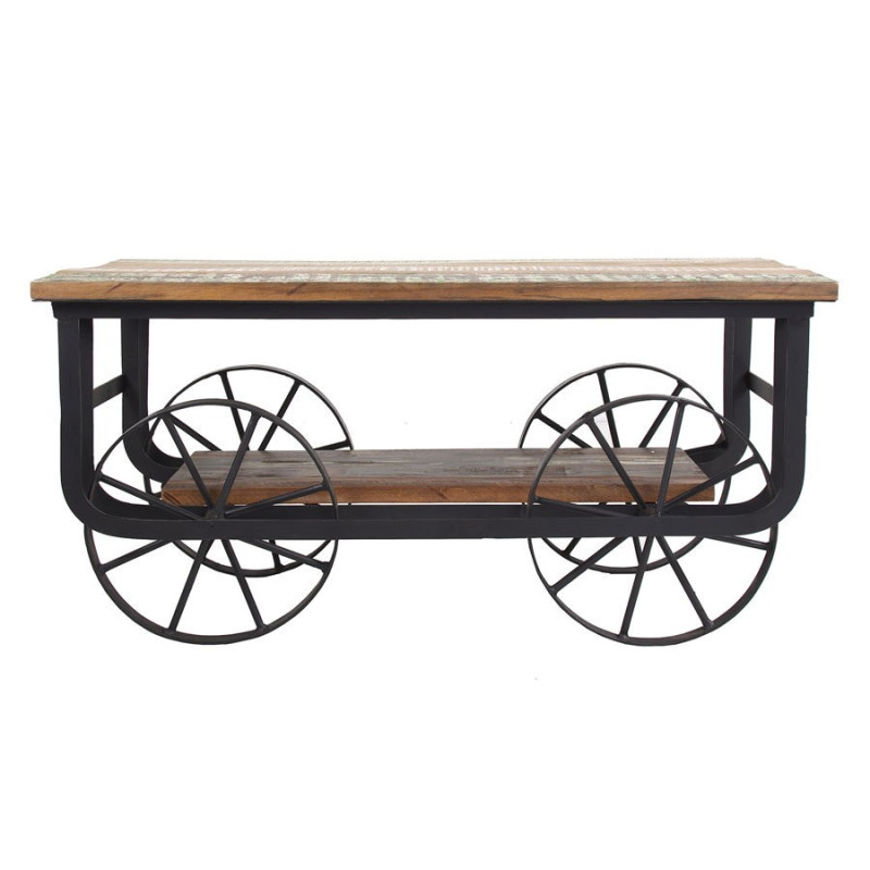 Table basse campagne en bois et roue forme charrette noir Vical Home