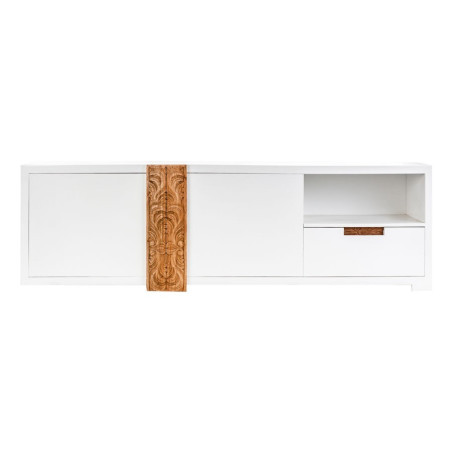 Meuble Tv exotique en bois blanc et naturel 3 portes sculptées Vical Home