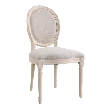 Chaise médaillon en bois blanc et tissu beige