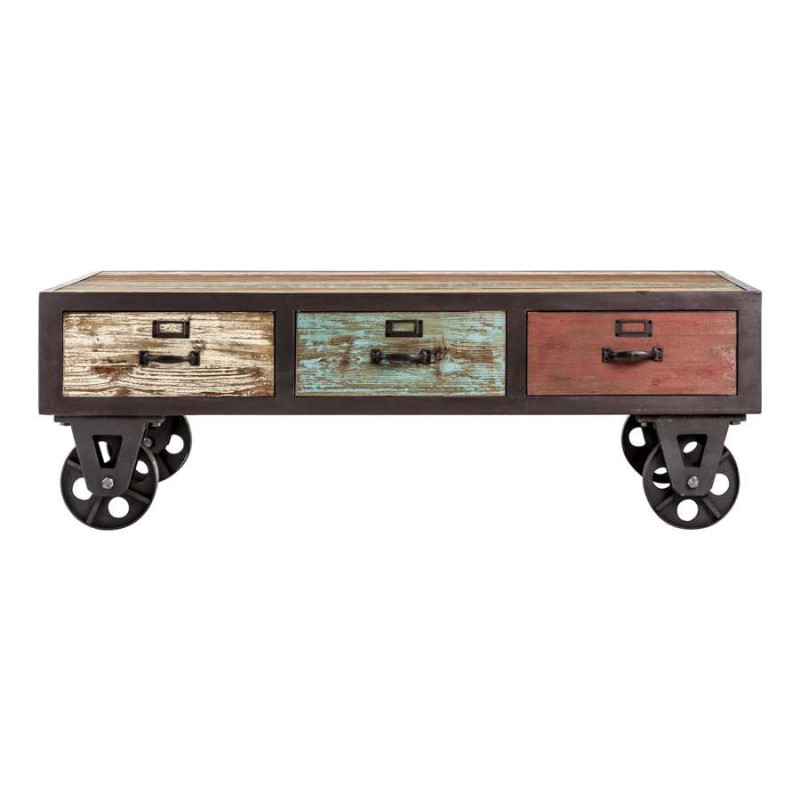 Table basse industrielle en métal et bois multicolore sur 4 roues Vical Home