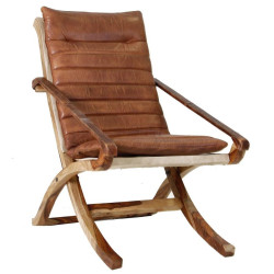 Chaise pliante en bois de sésame et cuir marron