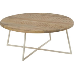 Table Basse ronde métal crème et plateau bois massif D85xH36cm