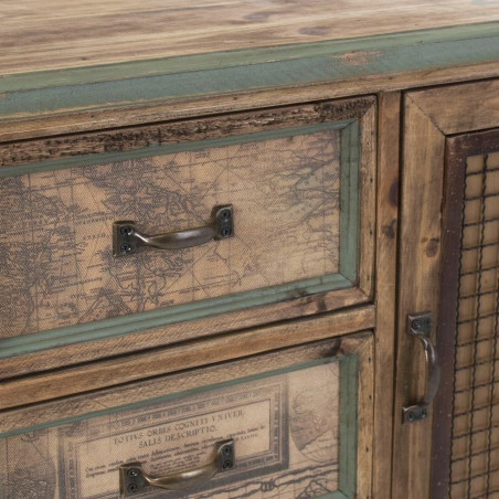 Meuble d'appoint 3 tiroirs cartographiés en bois vieilli