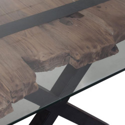 Table à manger design en métal noir et plateau en teck sous verre