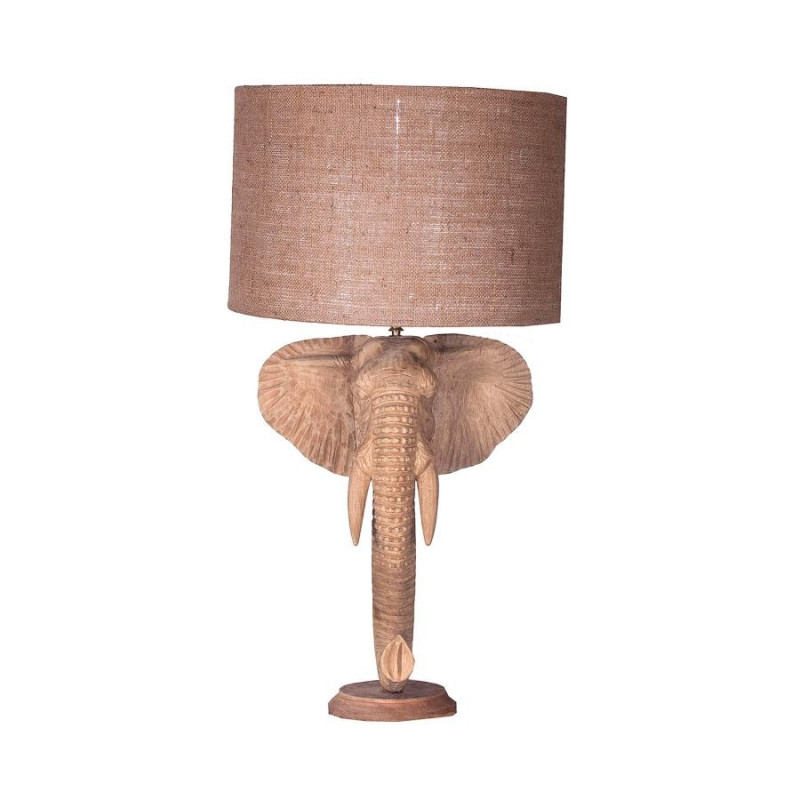Lampe éléphant en teck avec abat-jour jute