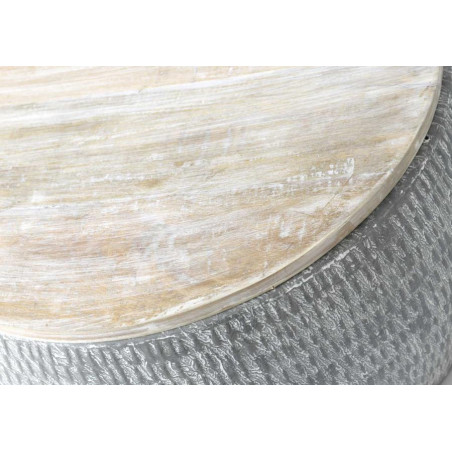 Table basse ronde en métal patiné gris clair et plateau bois demi sphère