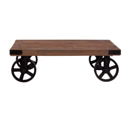 table basse campagne plateau bois sur roulettes en métal noir Vical Home