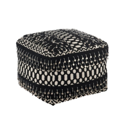 Pouf exotique carré en perles et coton noir blanc