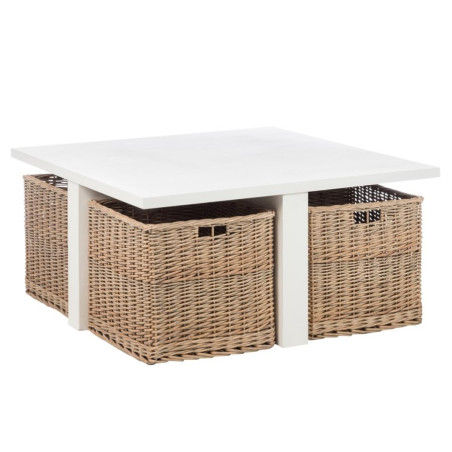 Table basse carrée Combray en bois blanc et rotin