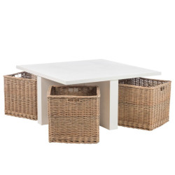 Table basse carrée Combray en bois blanc et rotin