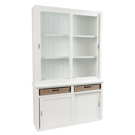 Vaisselier 4 portes coulissantes Combray bois blanc et rotinl