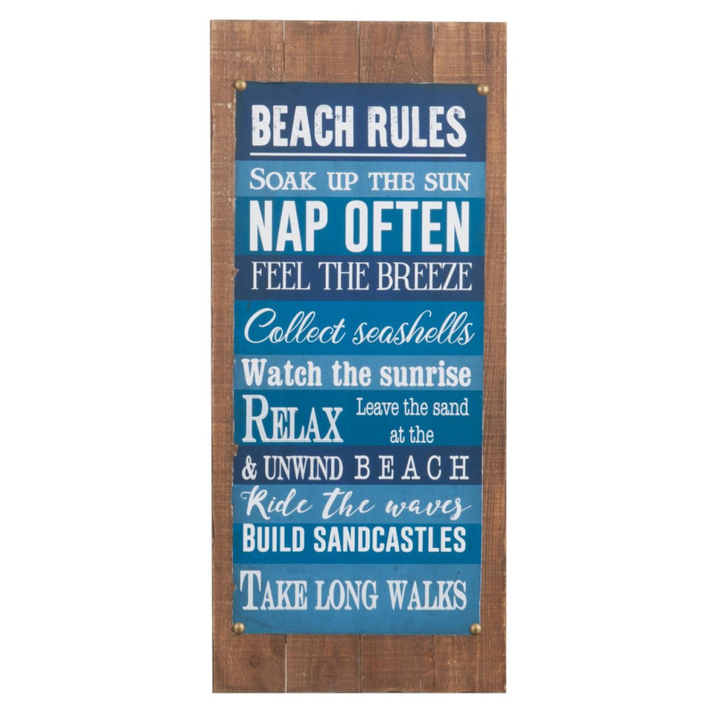 Pancarte vintage "Beach rules" bois bleu vieilli