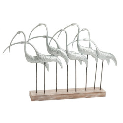 Décoration sur socle de 8 oiseaux bois blanchi et métal argenté