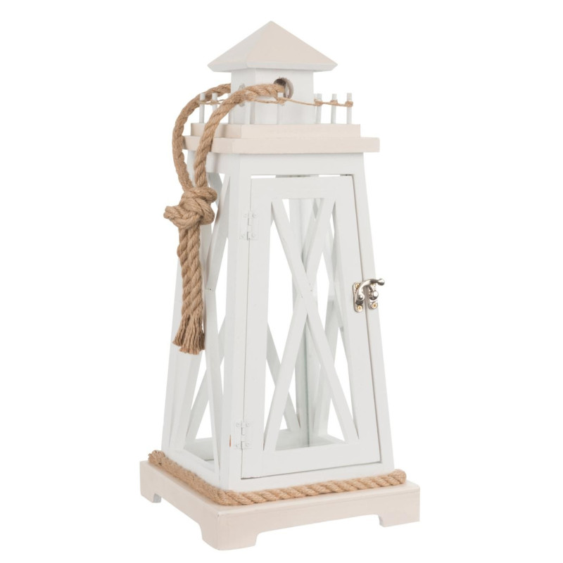 Lanterne phare en bois et verre blanc corde en jute