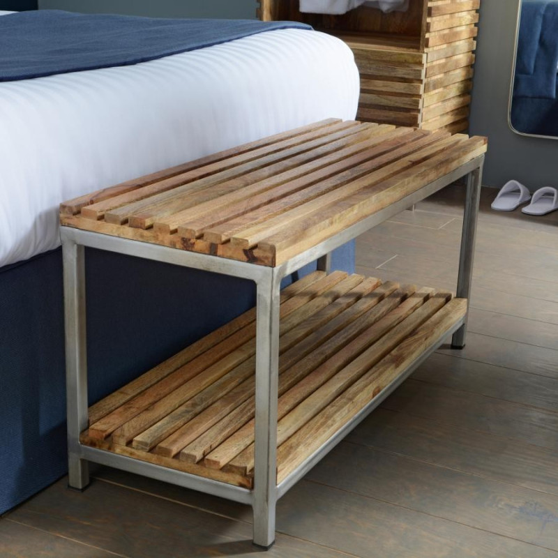 Bout de lit 2 niveaux à lattes de bois de manguier et métal naturel