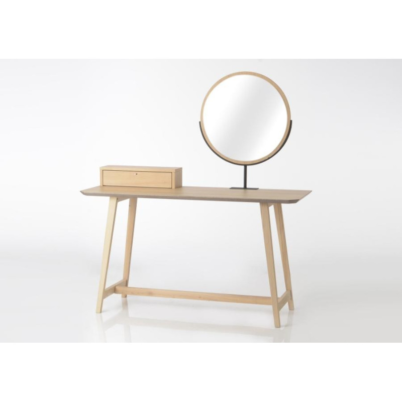 Coiffeuse style contemporain miroir rond en bois naturel