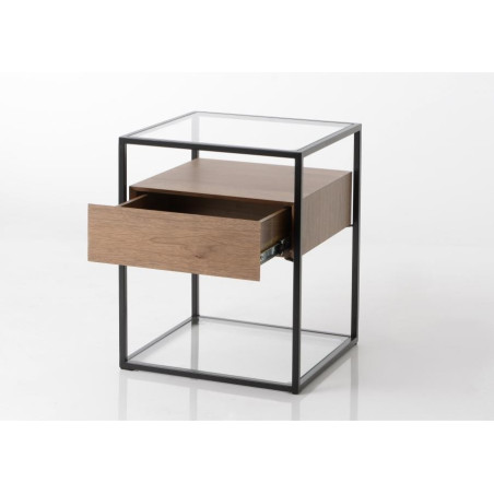Table de nuit carré moderne 1 tiroir en noyer métal et verre