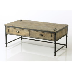 Table basse rectangulaire industrielle 2 tiroirs en bois et métal brut AGRAFE