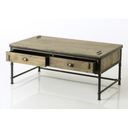 Table basse rectangulaire industrielle 2 tiroirs en bois et métal brut AGRAFE