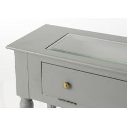 Console 80 cm 1 tiroir en bois patiné gris avec plateau verre TRANSPARENCE