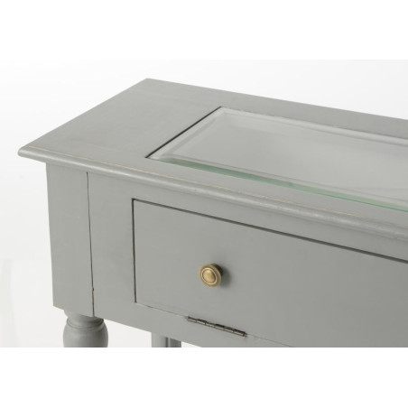 Console 80 cm 1 tiroir en bois patiné gris avec plateau verre TRANSPARENCE