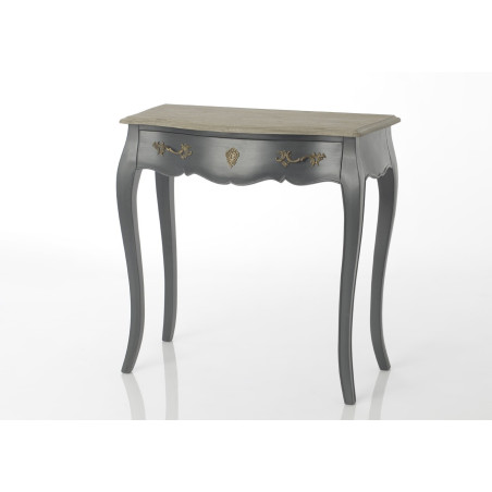 Bureau 1 tiroir Baroque chic gris foncé plateau bois naturel