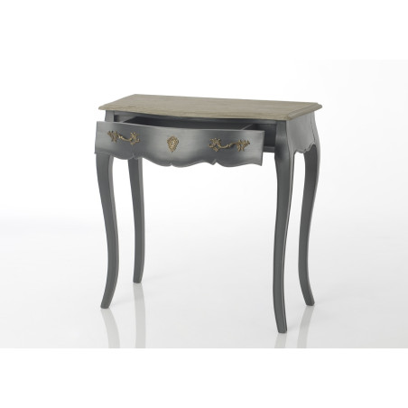 Bureau 1 tiroir Baroque chic gris foncé plateau bois naturel