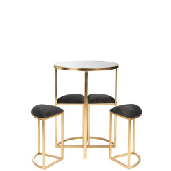 Ensemble table ronde et 4 tabourets assise tissu noir et métal doré