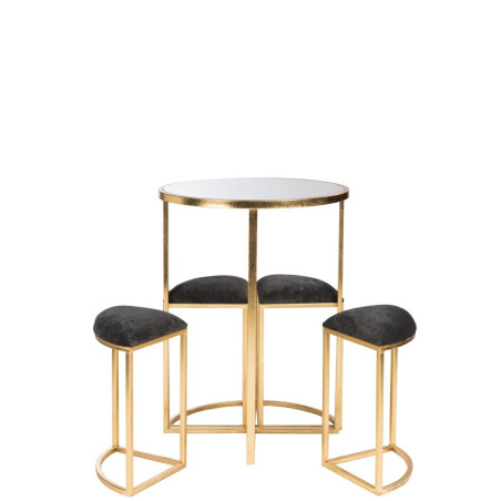 Ensemble table ronde et 4 tabourets assise tissu noir et métal doré