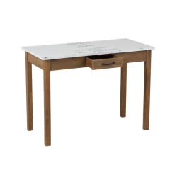 Table bistrot en bois naturel et plateau en métal blanc vieilli avec imprimé