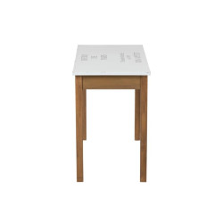 Table bistrot en bois naturel et plateau en métal blanc vieilli avec imprimé