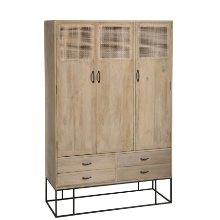 Armoire 3 portes 4 tiroirs rotin tissé bois manguier naturel